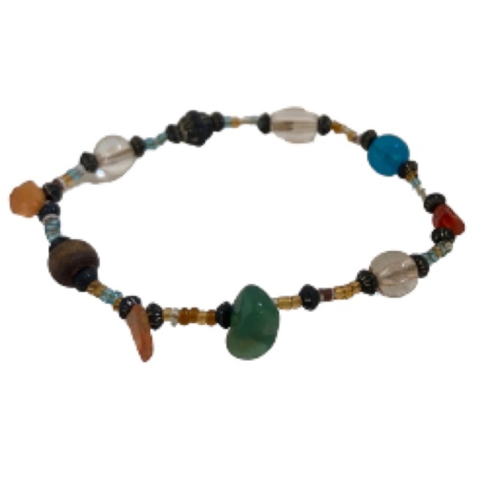Tumbled Sea Glass Wood Metal Colorful Beads Stretchy Bracelet